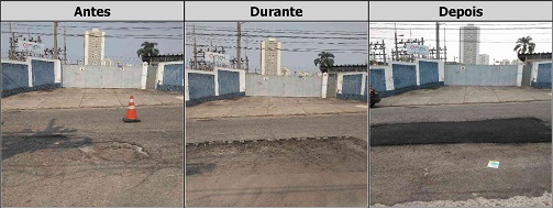Antes, durante e depois do serviço de tapa-buraco na rua Sussuarana
